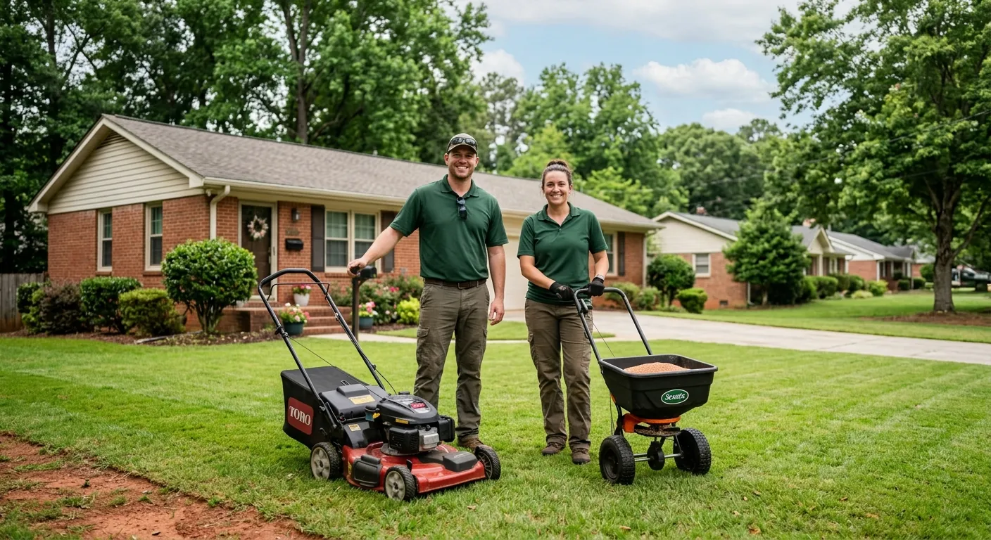 Local Snellville, GA lawn care crew with equipment in a residential yard