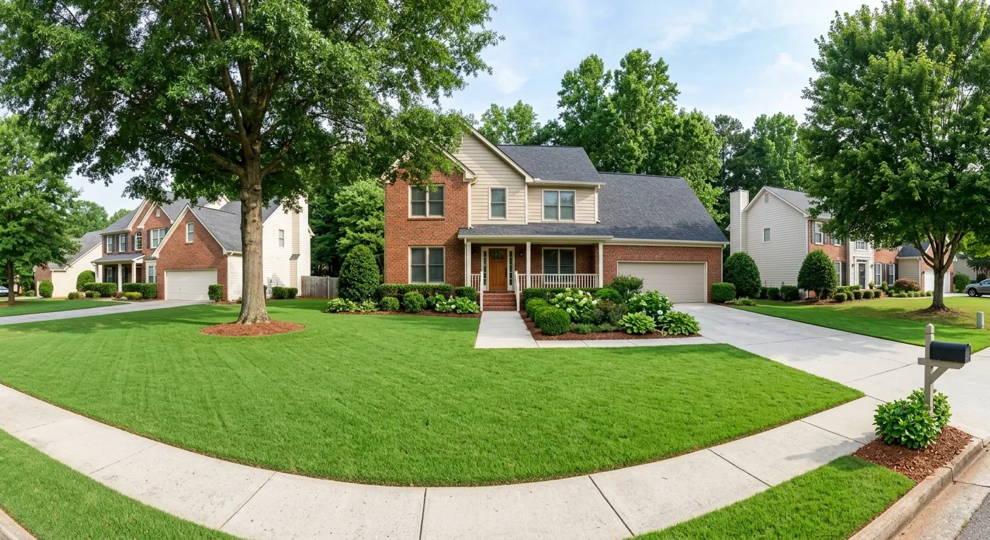 Healthy weed-free green lawn in front of a Snellville, GA home from a full-season program