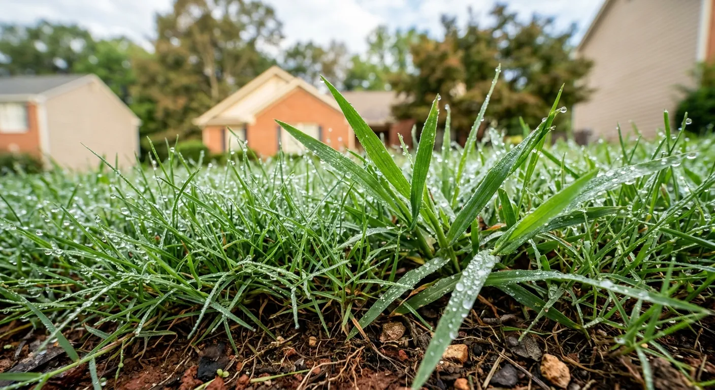 Close-up of healthy Bermuda and fescue turf grass blades on a North Georgia lawn