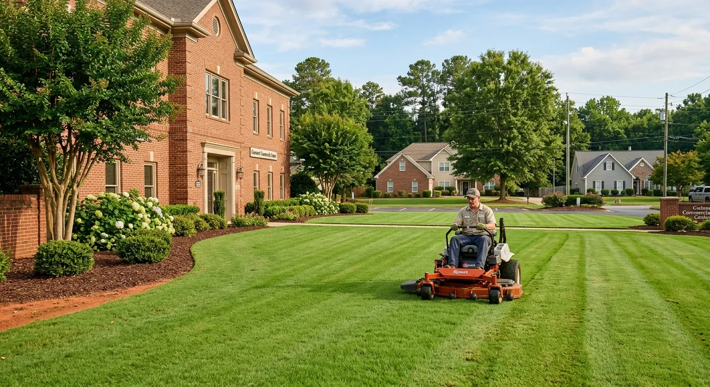 Crew maintaining a commercial property and HOA lawn in Snellville, GA