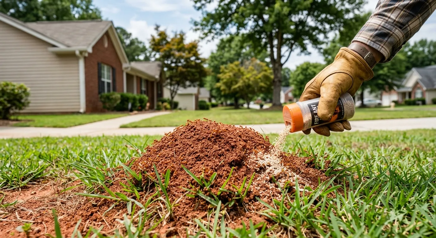 Red imported fire ant mound in a lawn being treated in Snellville, GA