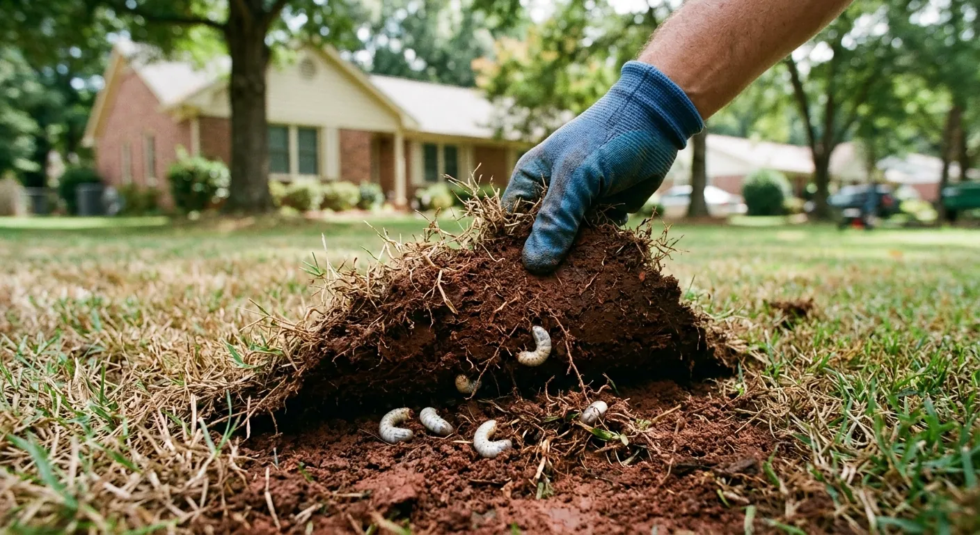 White grubs in soil beneath lifted lawn turf, a common North Georgia lawn pest