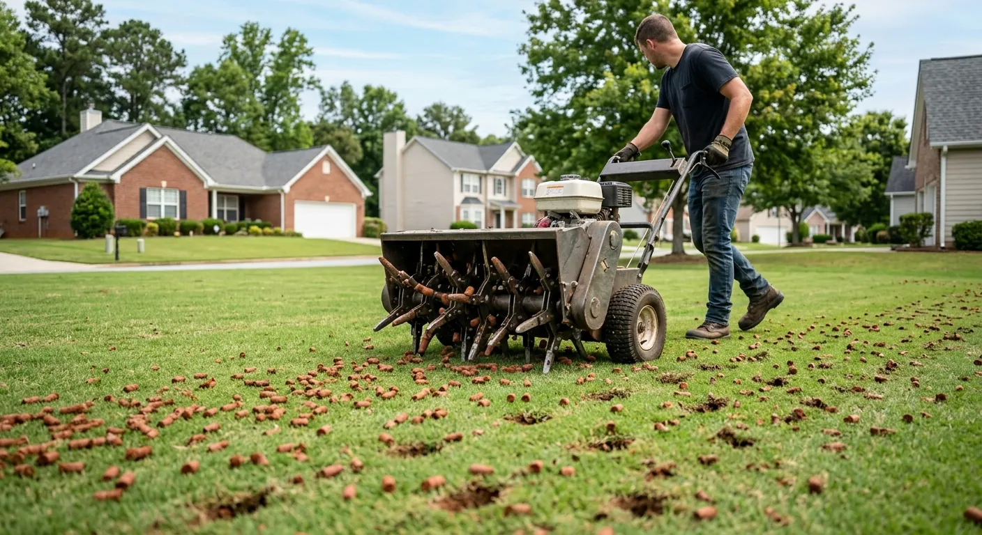 Core aeration machine pulling soil plugs from a lawn for overseeding in Snellville, GA