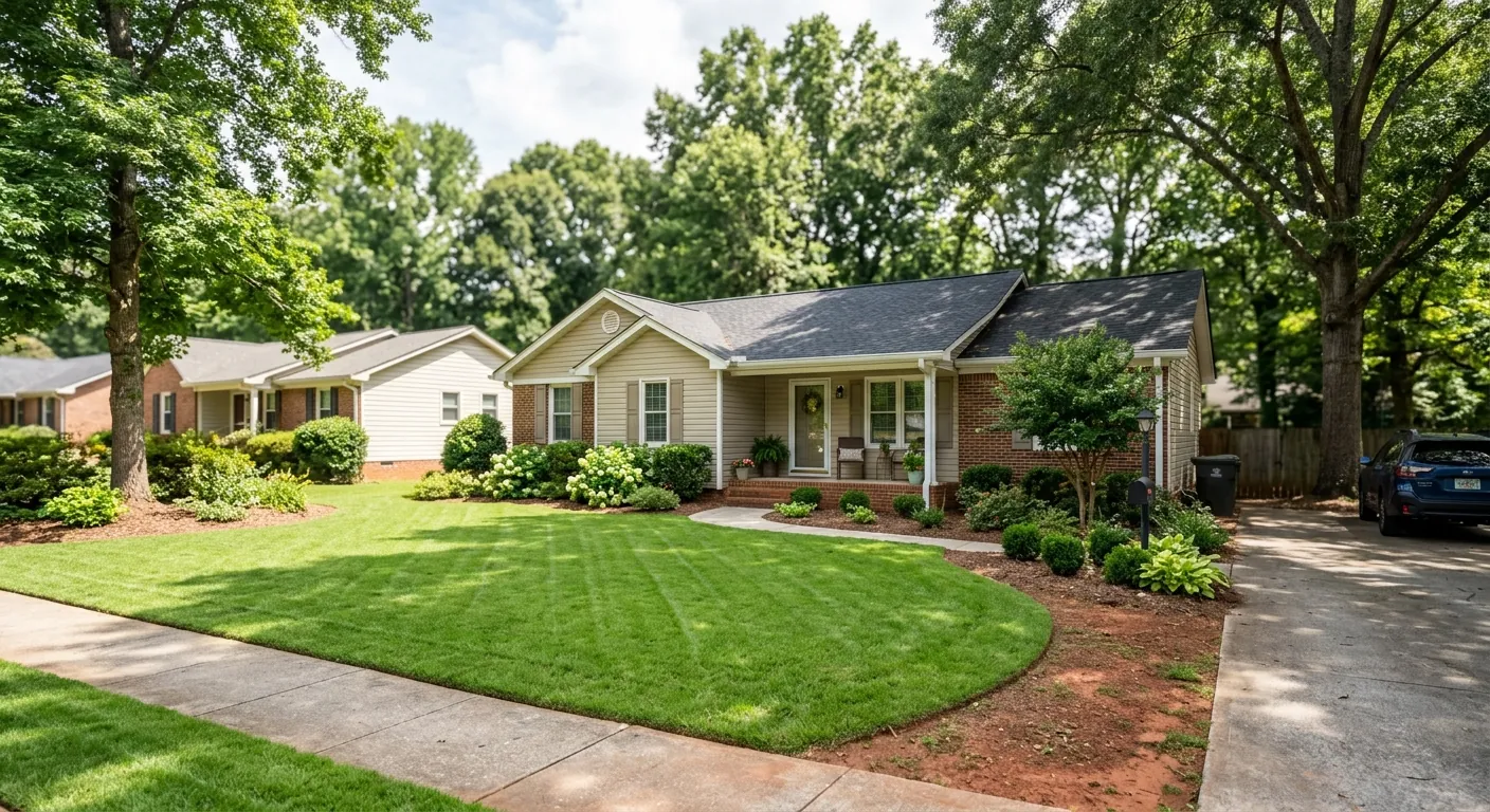 Maintained green lawn at a shaded home in Lilburn, GA