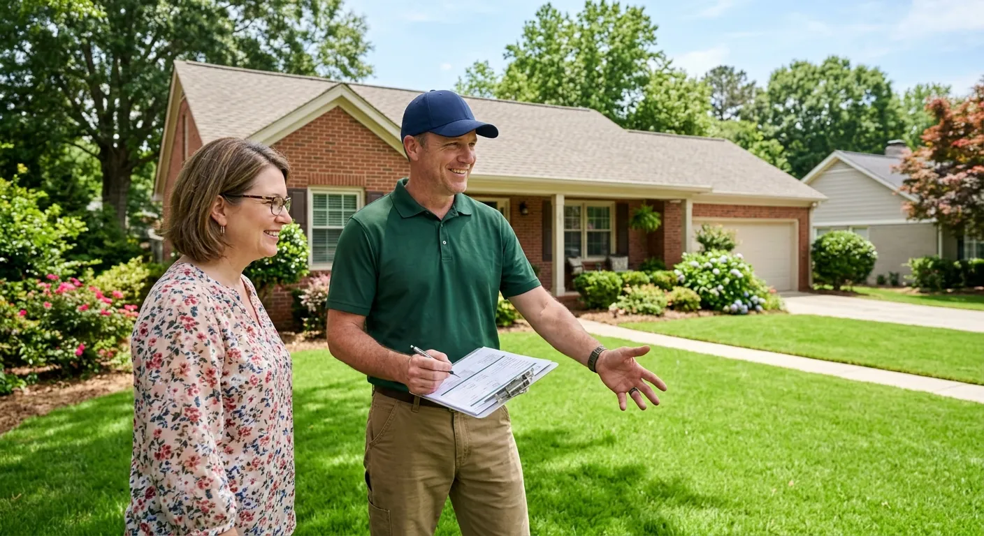 Lawn care professional providing a price quote at a Snellville, GA home