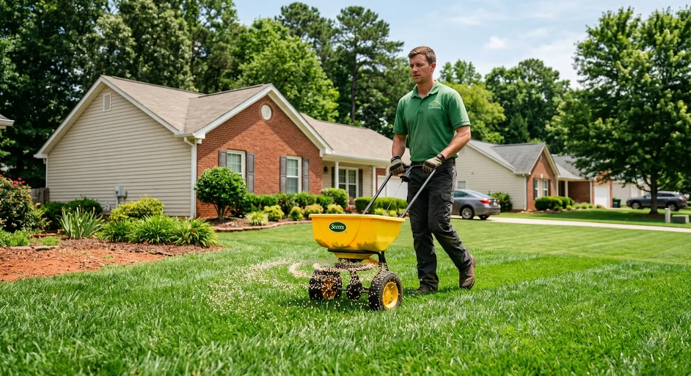 Technician spreading granular lawn fertilizer with a broadcast spreader in Snellville, GA