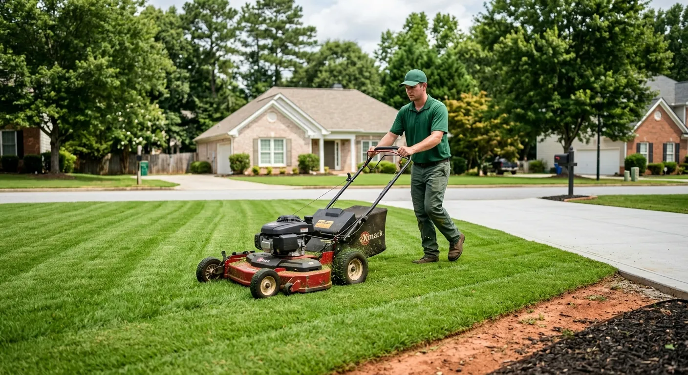 Lawn care technician mowing a green Bermuda grass lawn at a Snellville, GA home