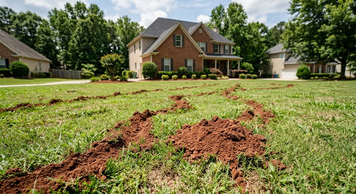 Raised mole tunnel ridges damaging a green lawn in Snellville, GA