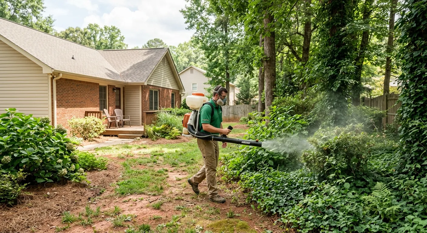 Technician applying a mosquito barrier treatment to yard foliage in Snellville, GA