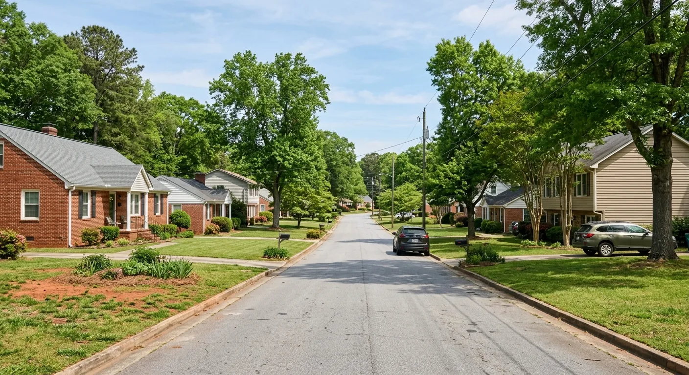 Suburban Gwinnett County neighborhood with well-maintained green lawns near Snellville, GA