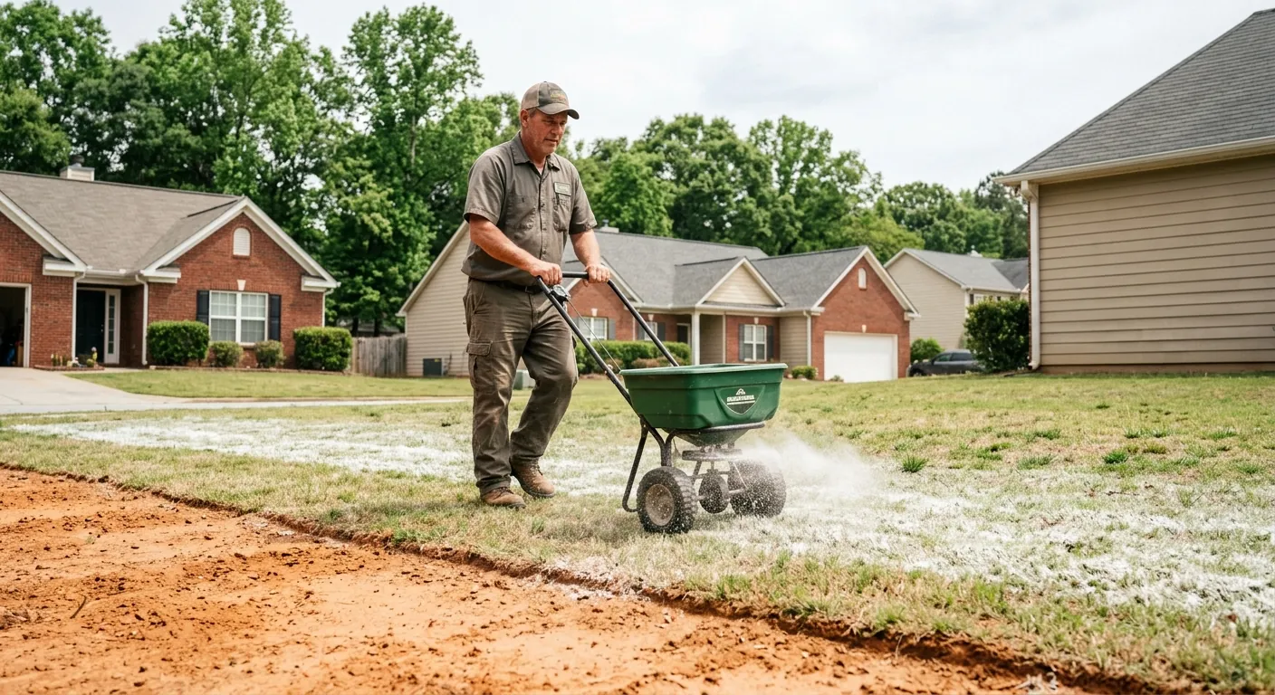 Spreading dolomitic lime on an acidic red-clay lawn in Snellville, GA