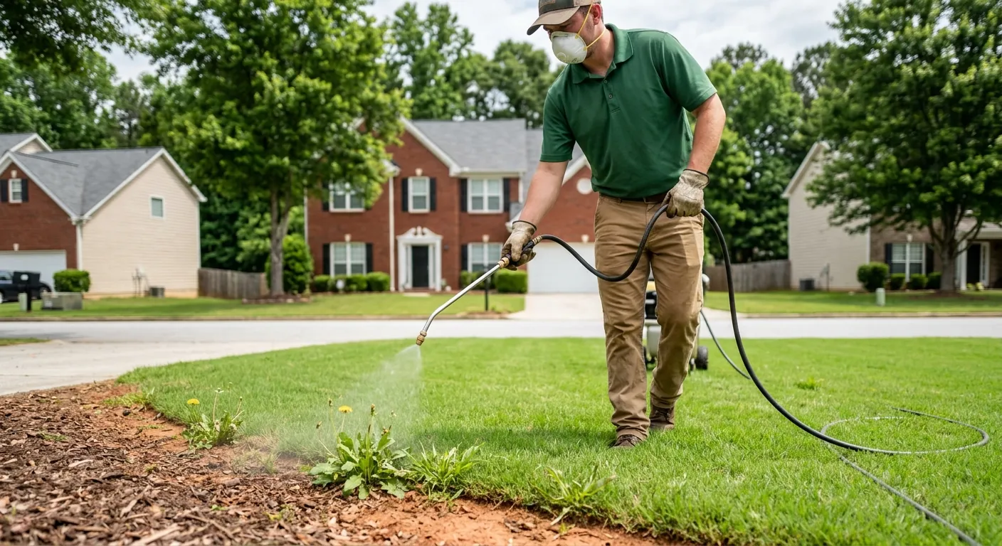 Lawn technician applying weed control treatment to a Snellville, GA lawn with a sprayer